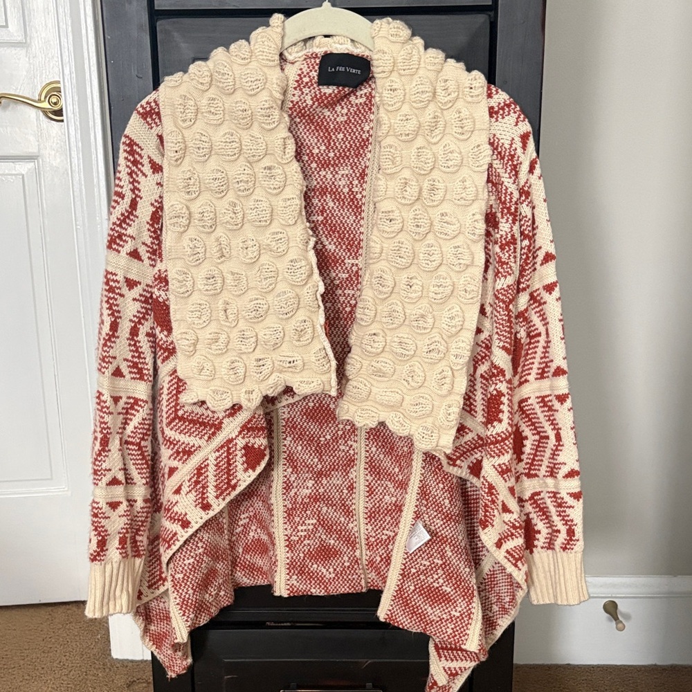 Cozy Red and Cream Women's Cardigan